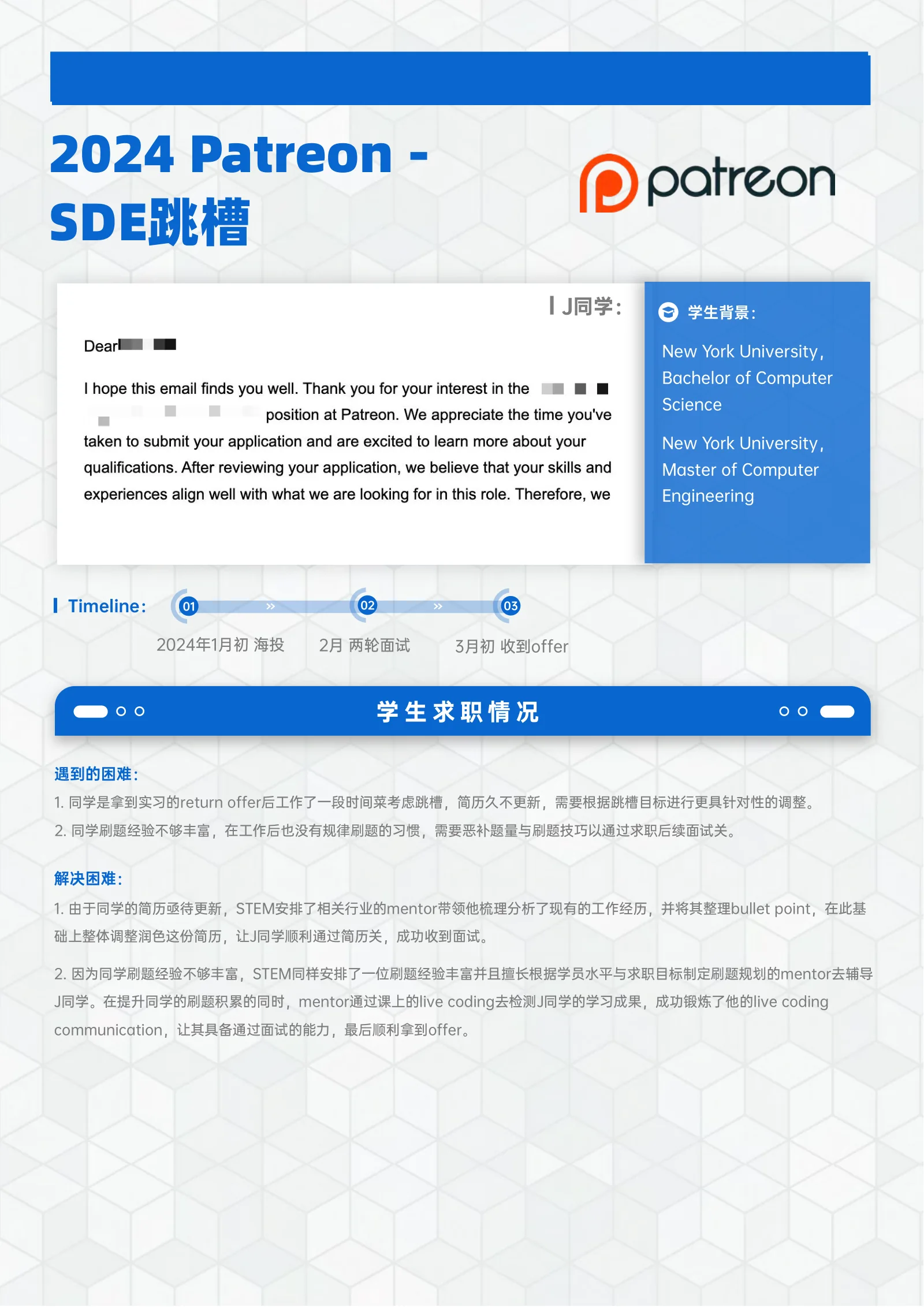 STEM 案例 J同学: Patreon - SDE跳槽 案例展示页