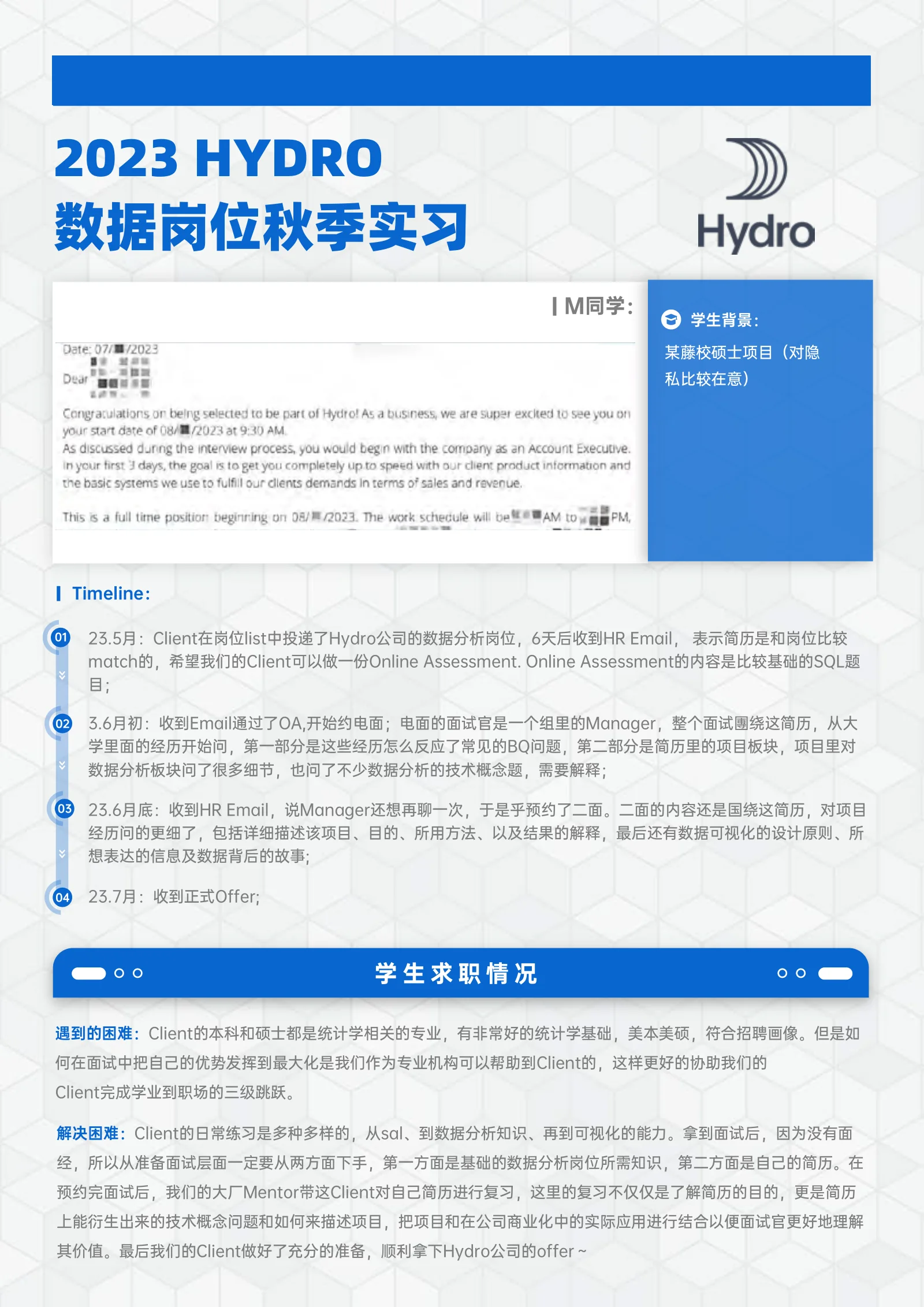 HYDRO 数据 岗位秋季实习 M同学: C同学: 案例展示页