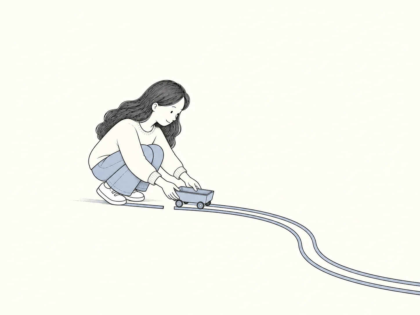 女主将一枚浅蓝小车从偏离的短轨道拨回主轨,只有两段轨道,表现任务恢复。