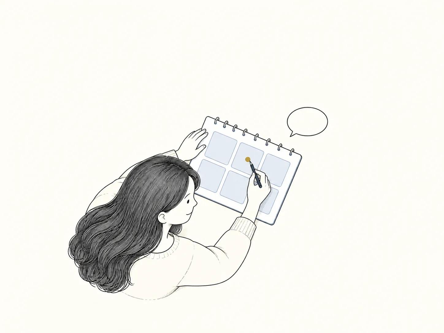 女主用一枚小勾对照日历中的实际预约格,旁边的空白对话泡仅作淡线背景。
