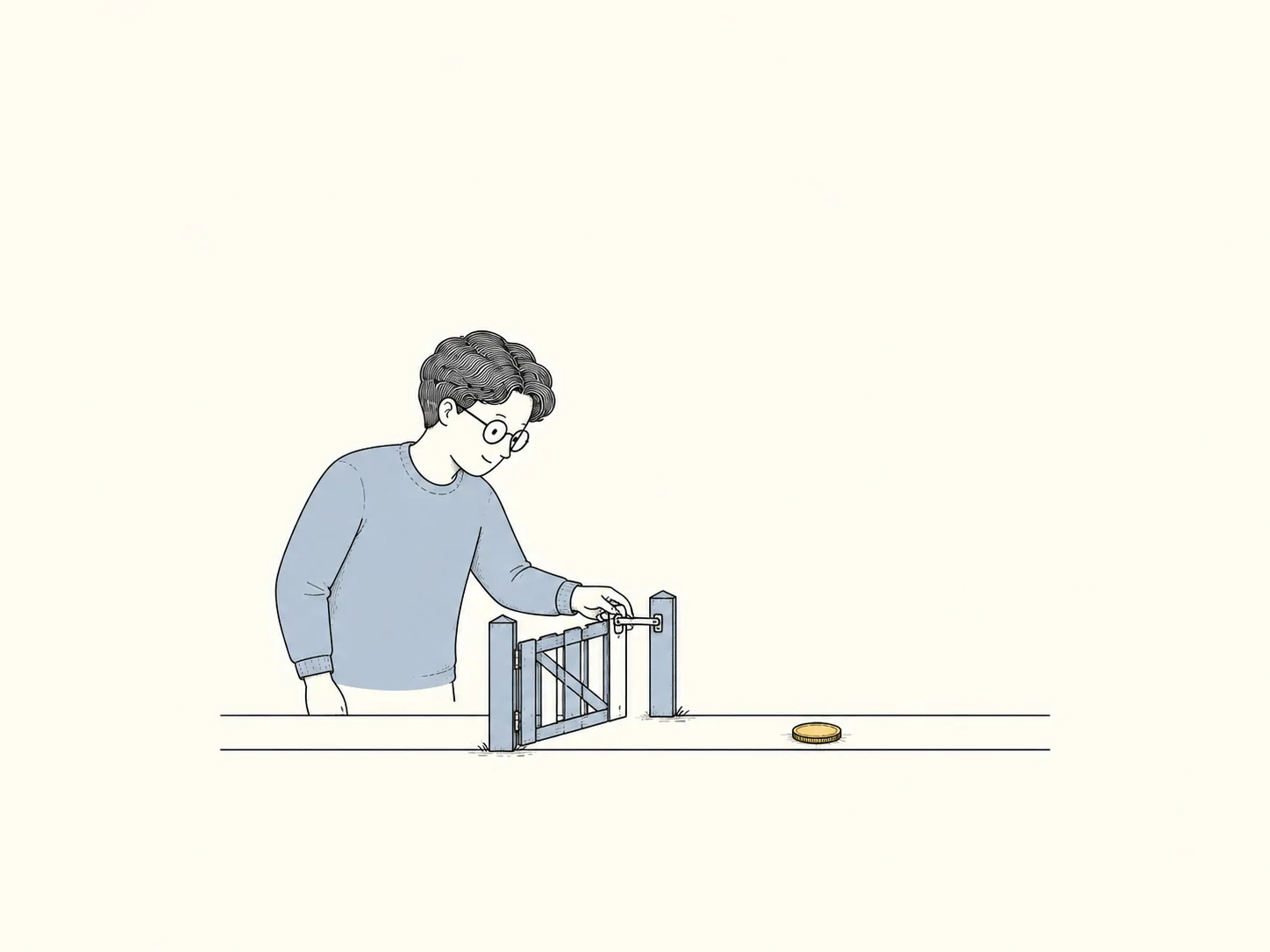 圆眼镜男主在一条浅蓝轨道上设置一个可打开的小闸门,表现需要人确认后再执行。