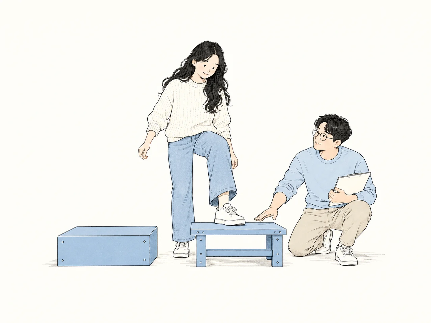 女主试踏浅蓝平台,圆眼镜男主检查平台的实际支撑