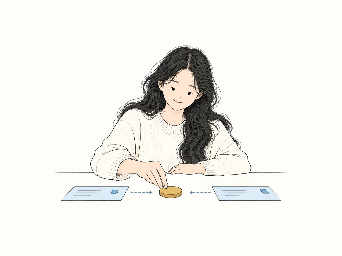 女主将金色优先标记放在两张浅蓝任务卡之间