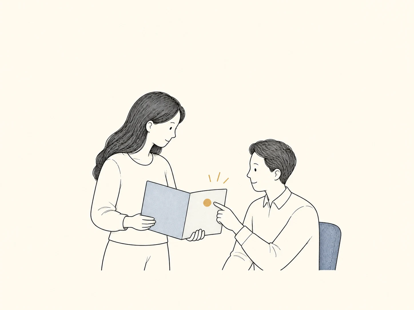 候选人打开一份文件夹,与顾问一起指认一个重点