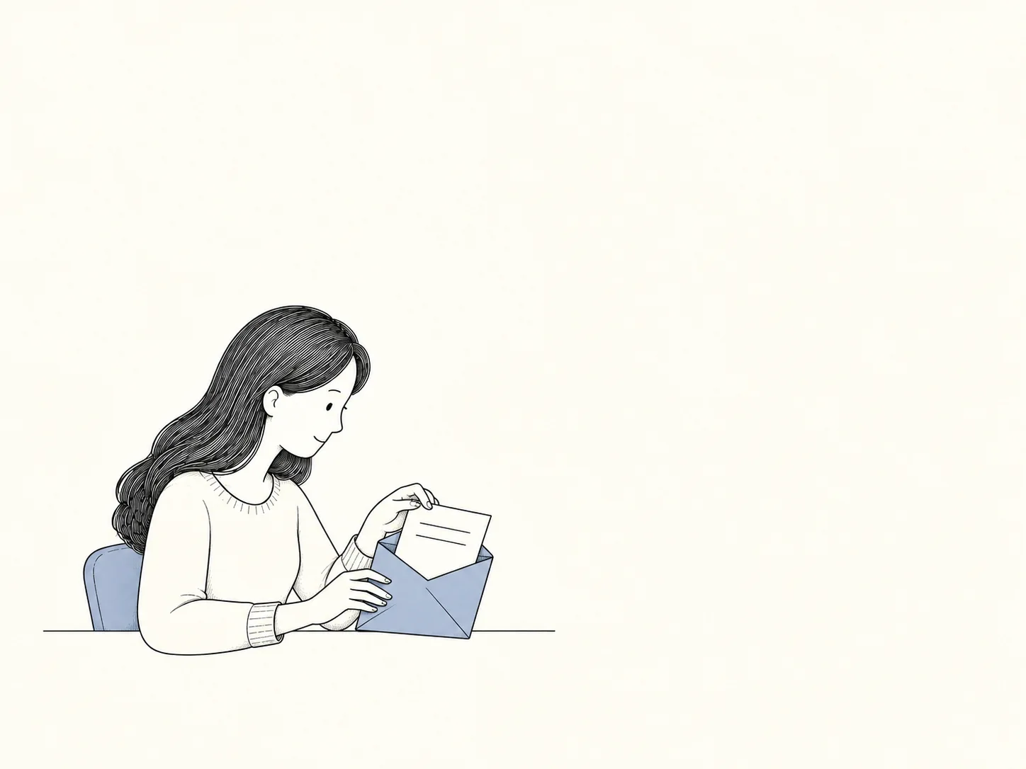 女主将一页带两段简线的信纸放入打开的信封;不加电脑或文件堆。
