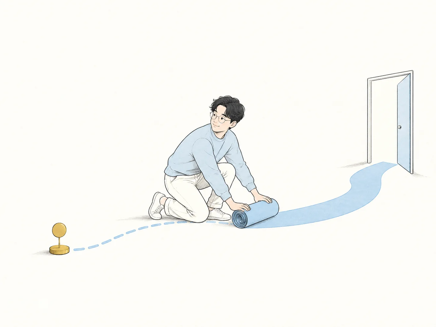 圆眼镜男主将浅蓝路径铺向目标门口,身后留有金色复查节点