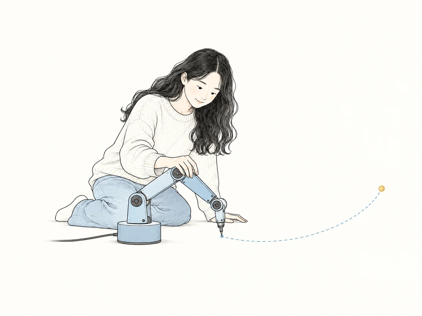 女主引导浅蓝机械臂沿虚线路径靠近目标点