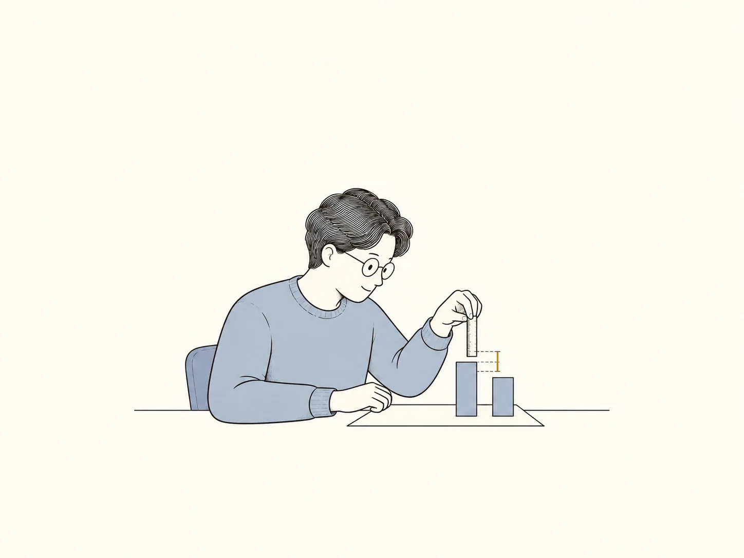 圆眼镜男主用短尺对比两根高度不同的柱子,差额处只有一小段金色标记。