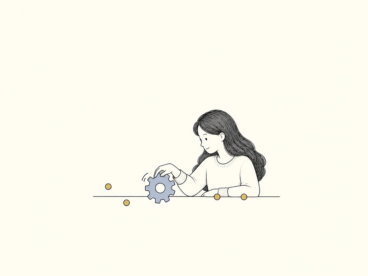 女主转动一枚浅蓝小齿轮,带动一条线上原本散开的两枚圆点对齐;只表现流程被接通。