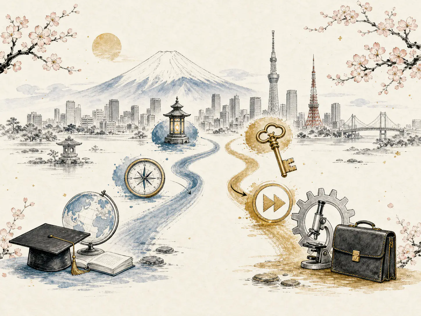 日本 J-Find 与 J-Skip 2026:名校毕业、年薪与永住主题插画