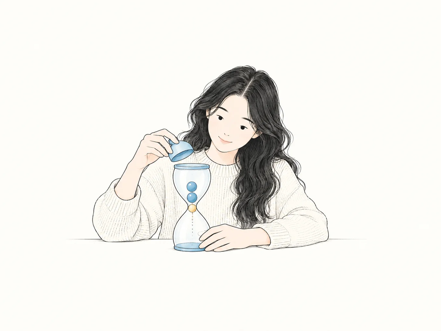 女主检查装有浅蓝圆珠的沙漏收口,识别时间瓶颈