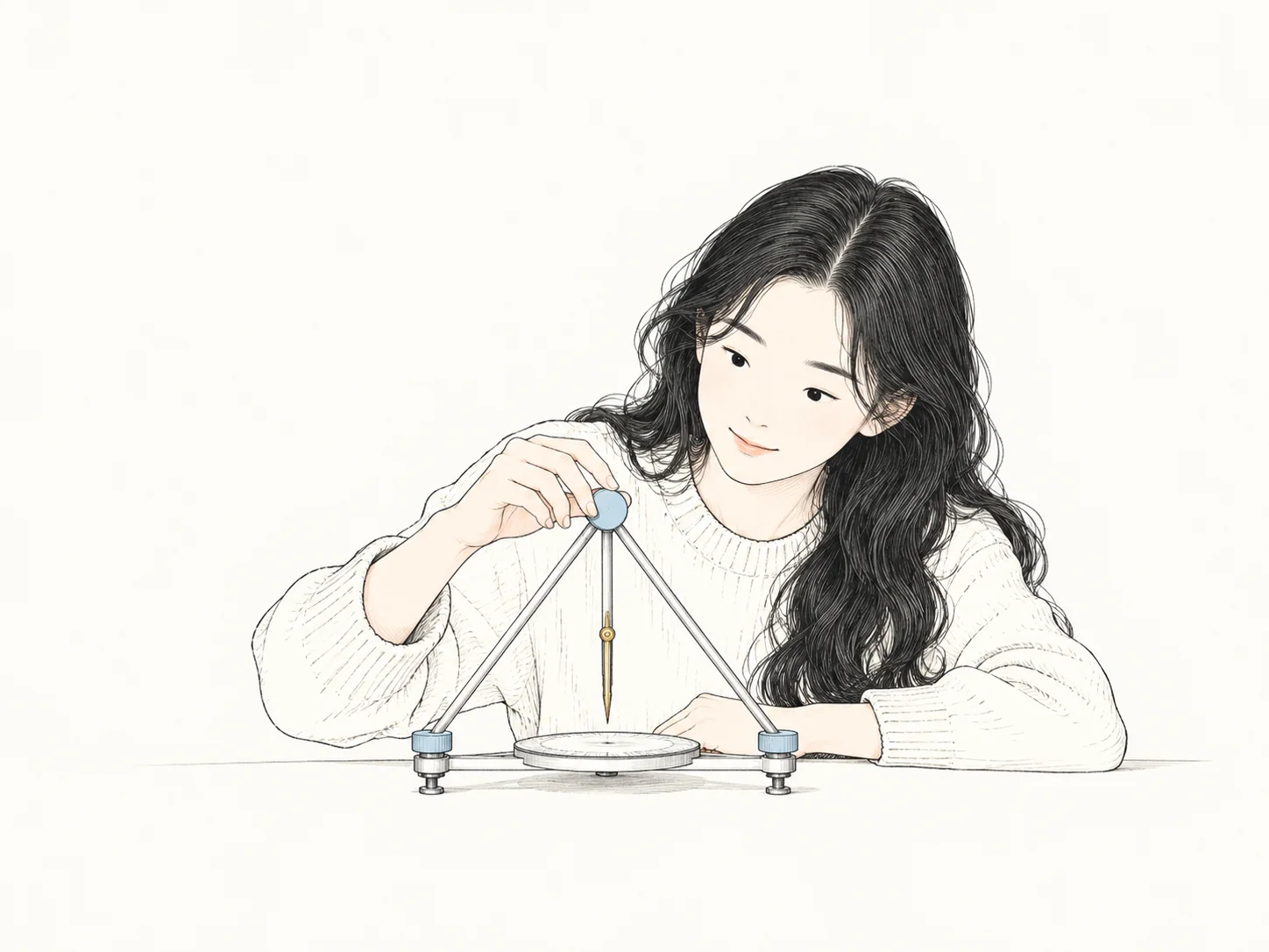 女主调整三角支架上的浅蓝旋钮,观察细线与指针的变化