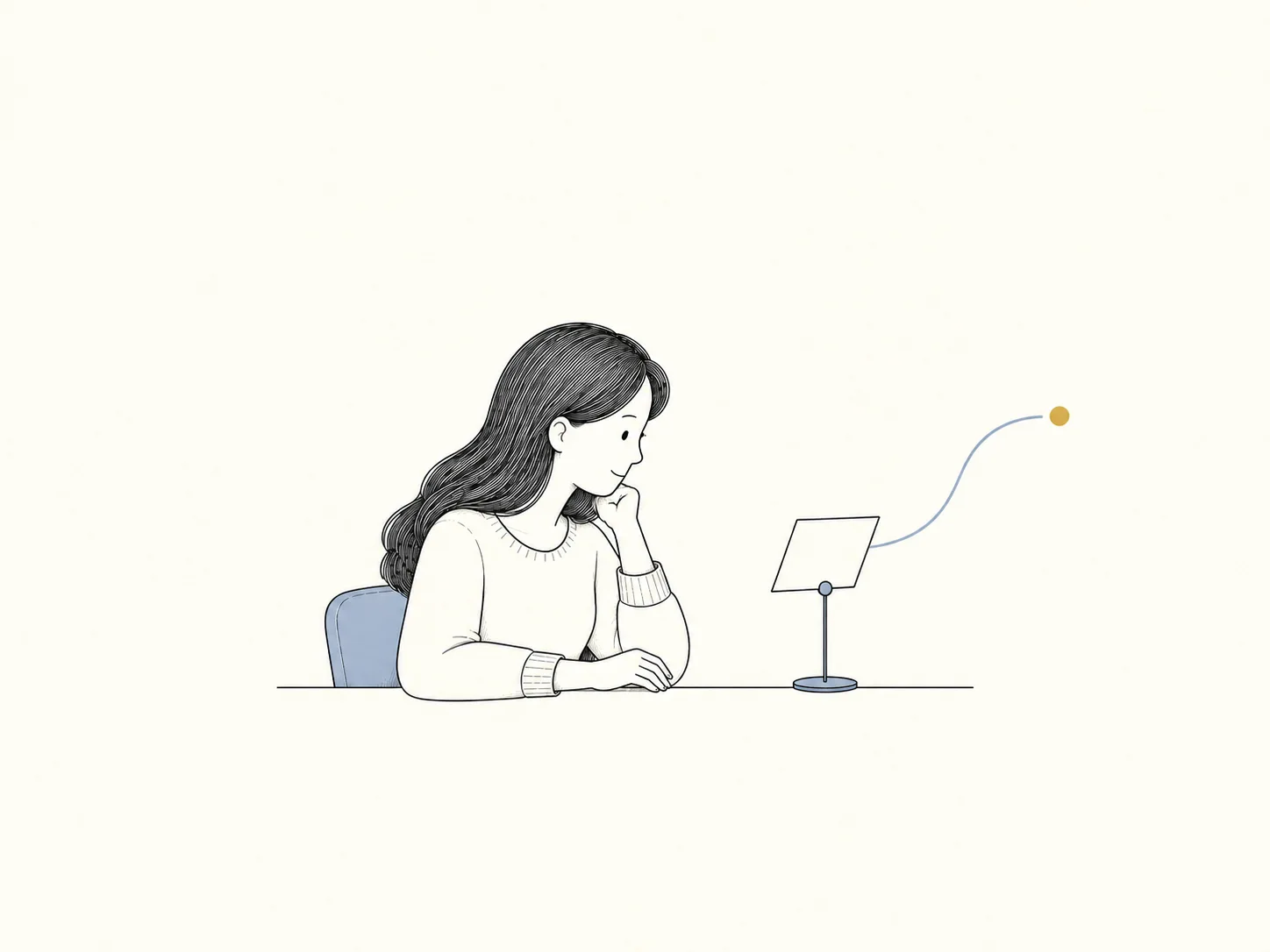 女主坐在一张简线椅子上,面前一张问题卡沿细线分出一个小追问点;不画考官群像。