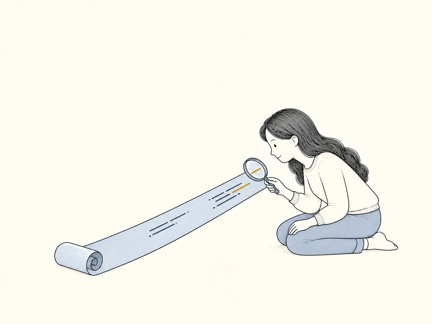 女主跪在展开的浅蓝代码纸带旁,用放大镜检查一处金色改动标记
